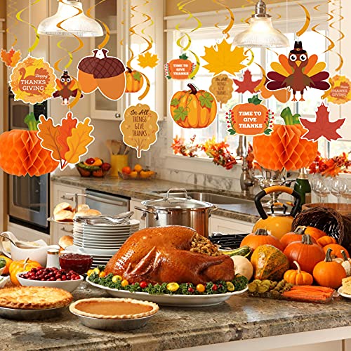 Thanksgiving Decorations 40 PCS, Pre-Assembled Thanksgiving Banner, Hanging Swirls, Fall Leaves Garland and Honeycomb Pumpkins for Thanksgiving Decor, Fall decor, Thanksgiving Decorations for Home
