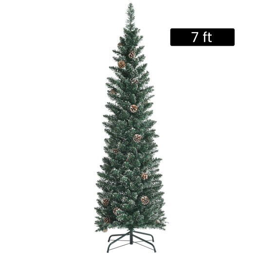 7 Feet Snowy Artificial Pencil Christmas Tree with Pine Cones and X-Shaped Metal Stand