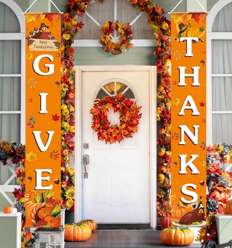 Thanksgiving Decorations GIVE THANKS Banner Porch Door Sign Autumn Fall Welcome Banner For Indoor Outdoor Wall Thanksgiving Decorations For Home
