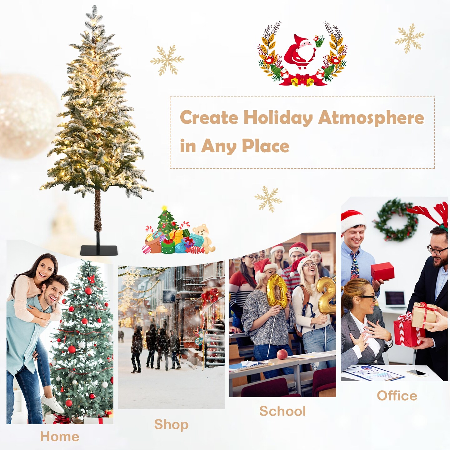 Artificial Snow Flocked Pencil Christmas Tree with Warm White LED Lights