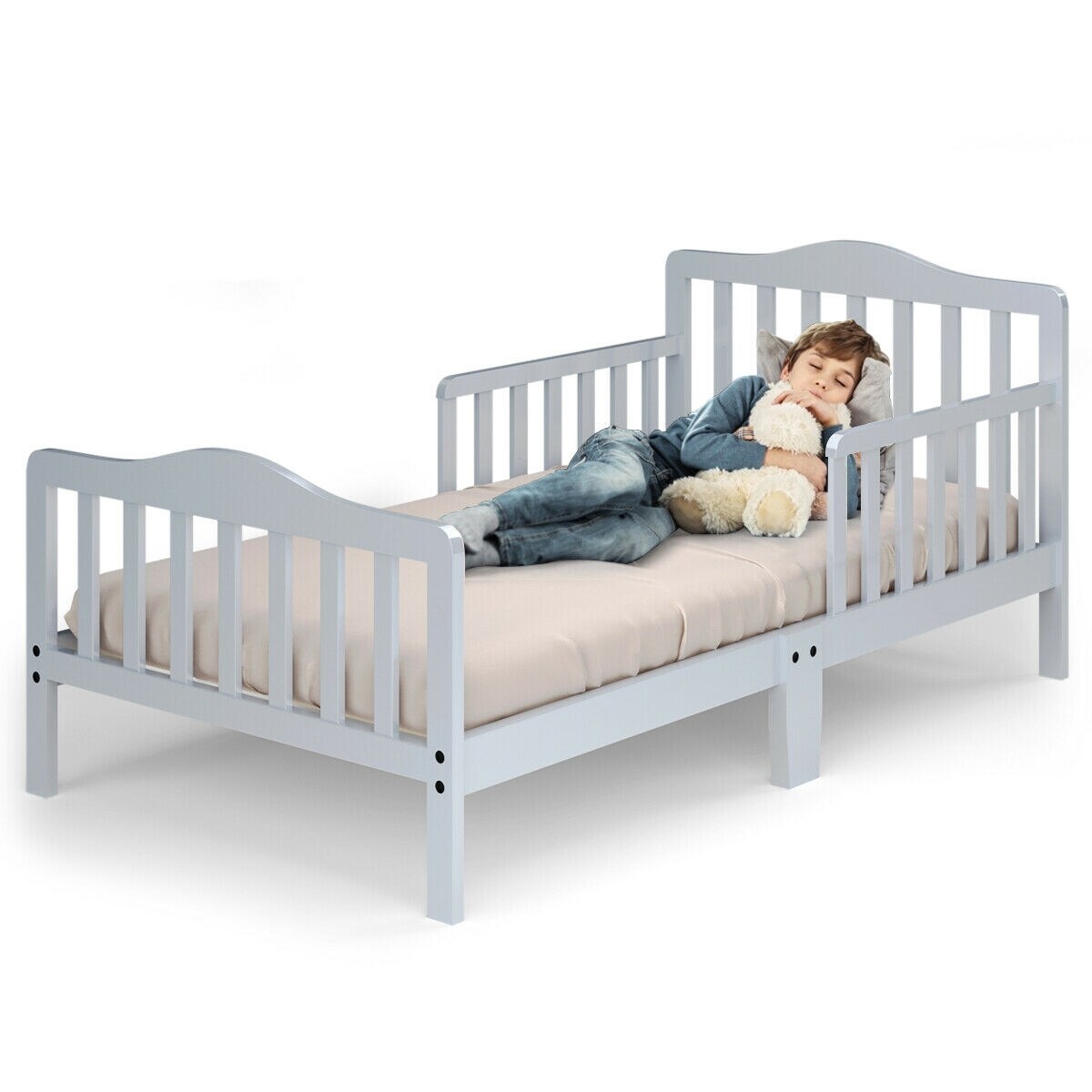 Classic Design Kids Wood Bed Frame with Two Side Safety Guardrails