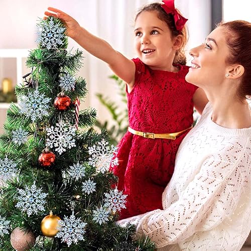 46Pcs Plastic Snowflake Ornament Christmas Glitter Snowflake Hanging Christmas Tree Decorations with Silver Rope for Winter Decorations Tree Window Door Accessories (Iridescent)