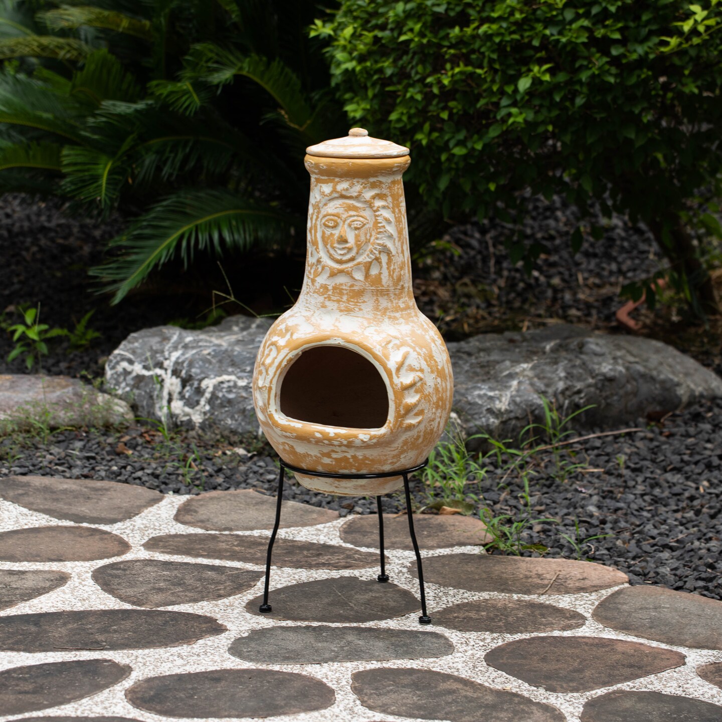 Outdoor Clay Chiminea Fireplace Sun Design Wood Burning Fire Pit with Sturdy Metal Stand, Barbecue, Cocktail Party, Cozy Nights Fire Pit