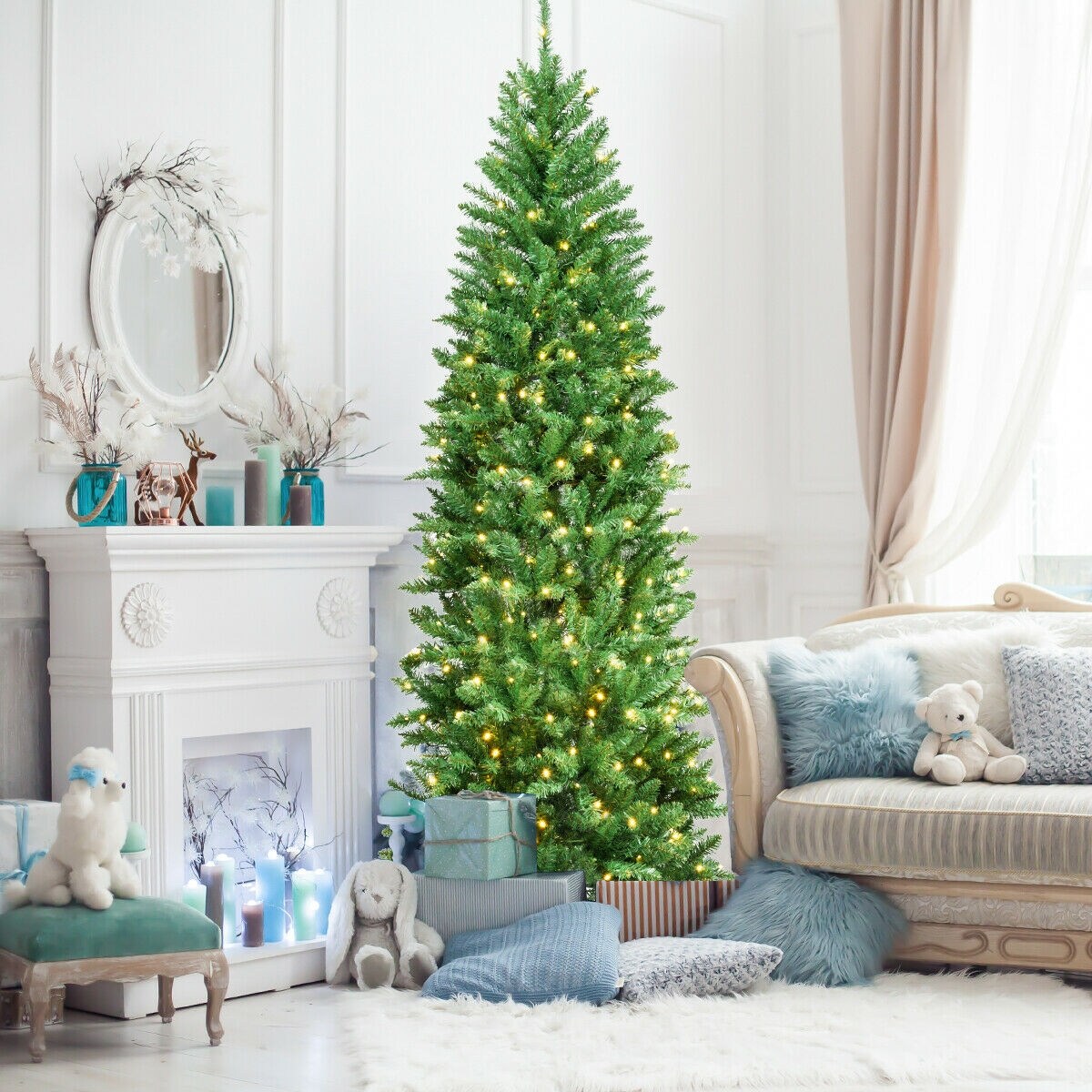 PVC Hinged Pre-lit Artificial Fir Pencil Christmas Tree with 150 Warm White