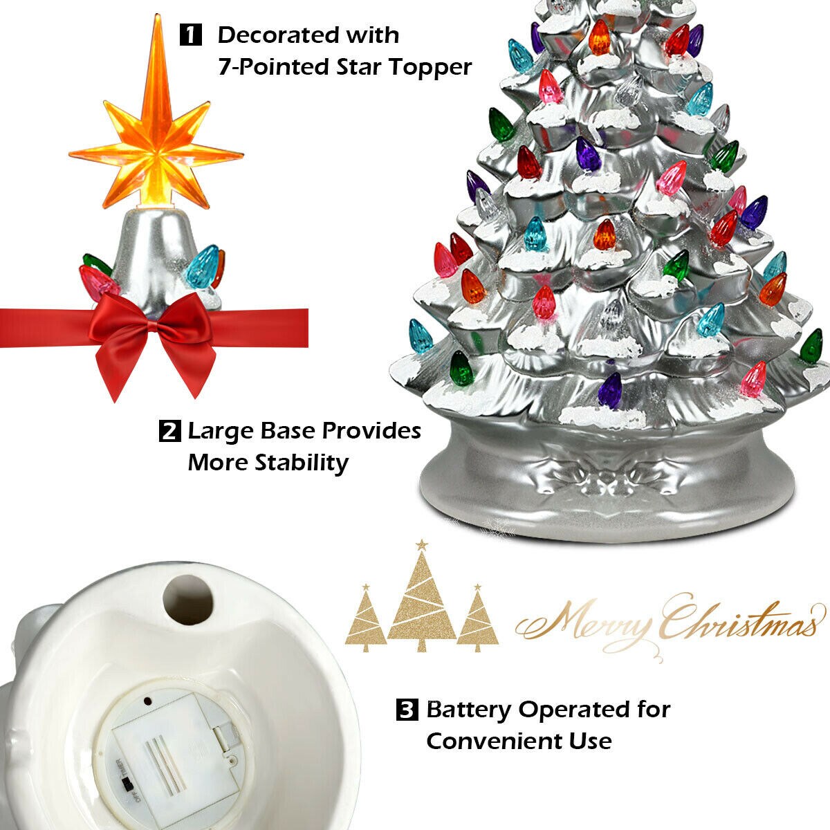 15 Inch Pre-Lit Hand-Painted Ceramic Christmas Tree-Silver