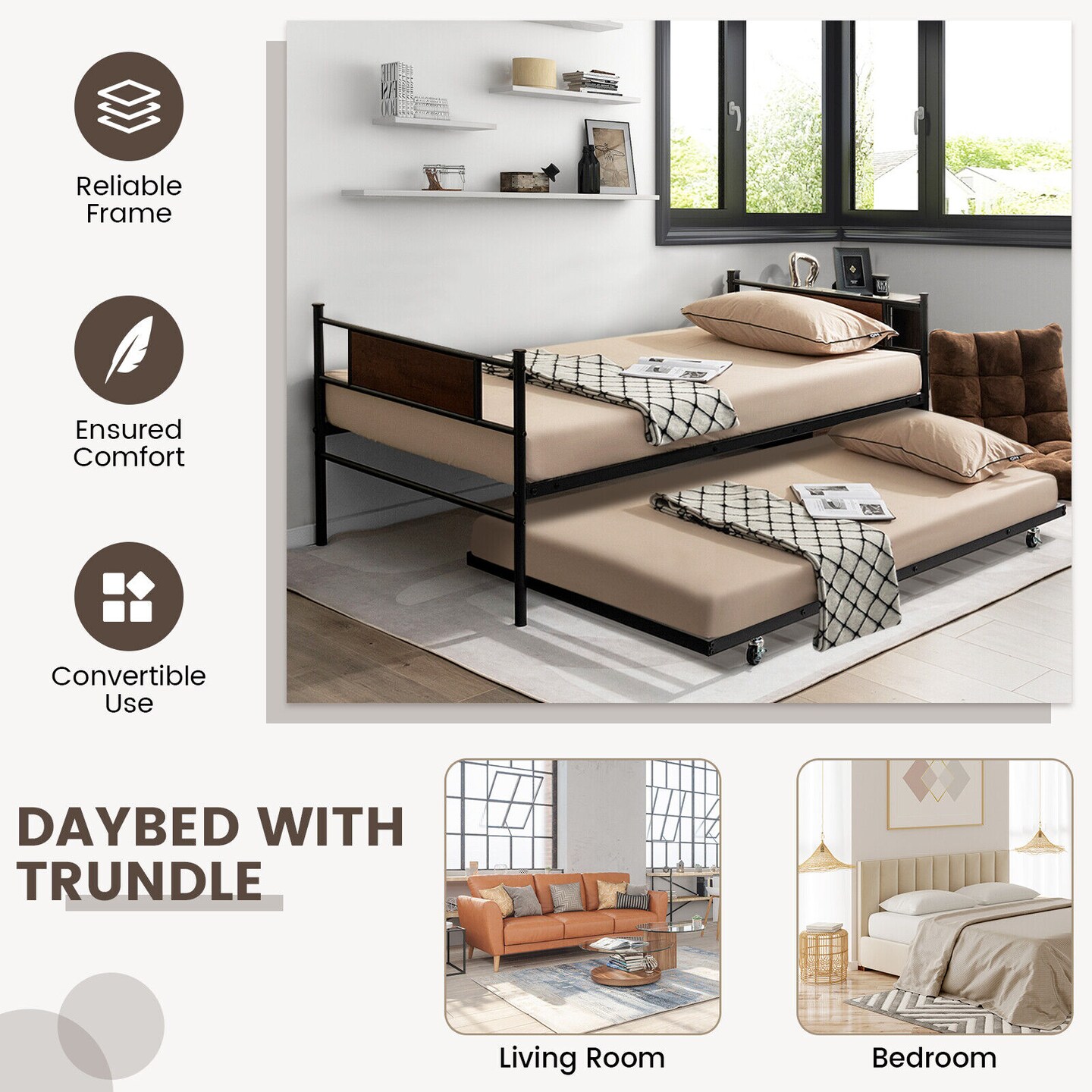 Black Twin Daybed Frame with Pullout Trundle, Space-Saving Design