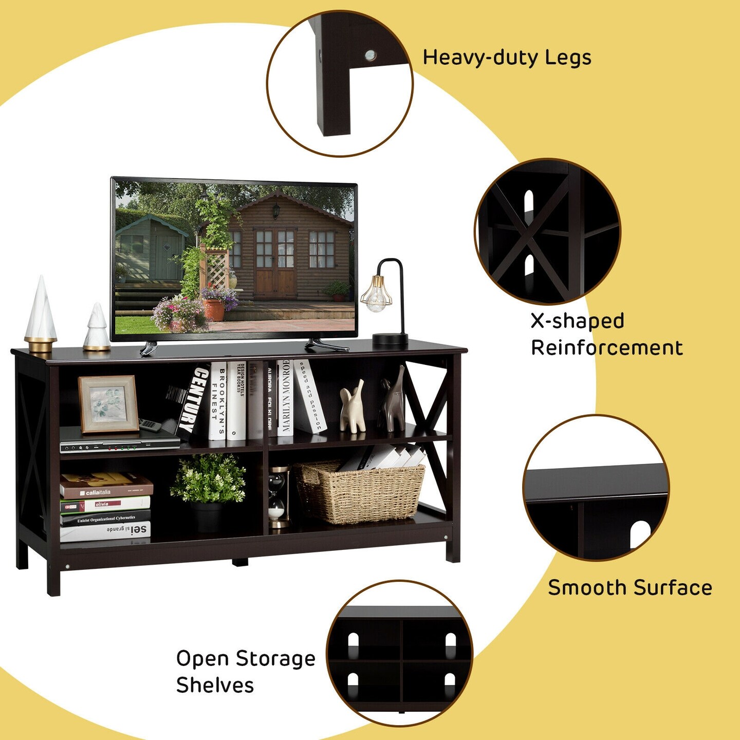 MDF TV Stand with 4 Cable Management Holes and Sturdy X-Shaped Support