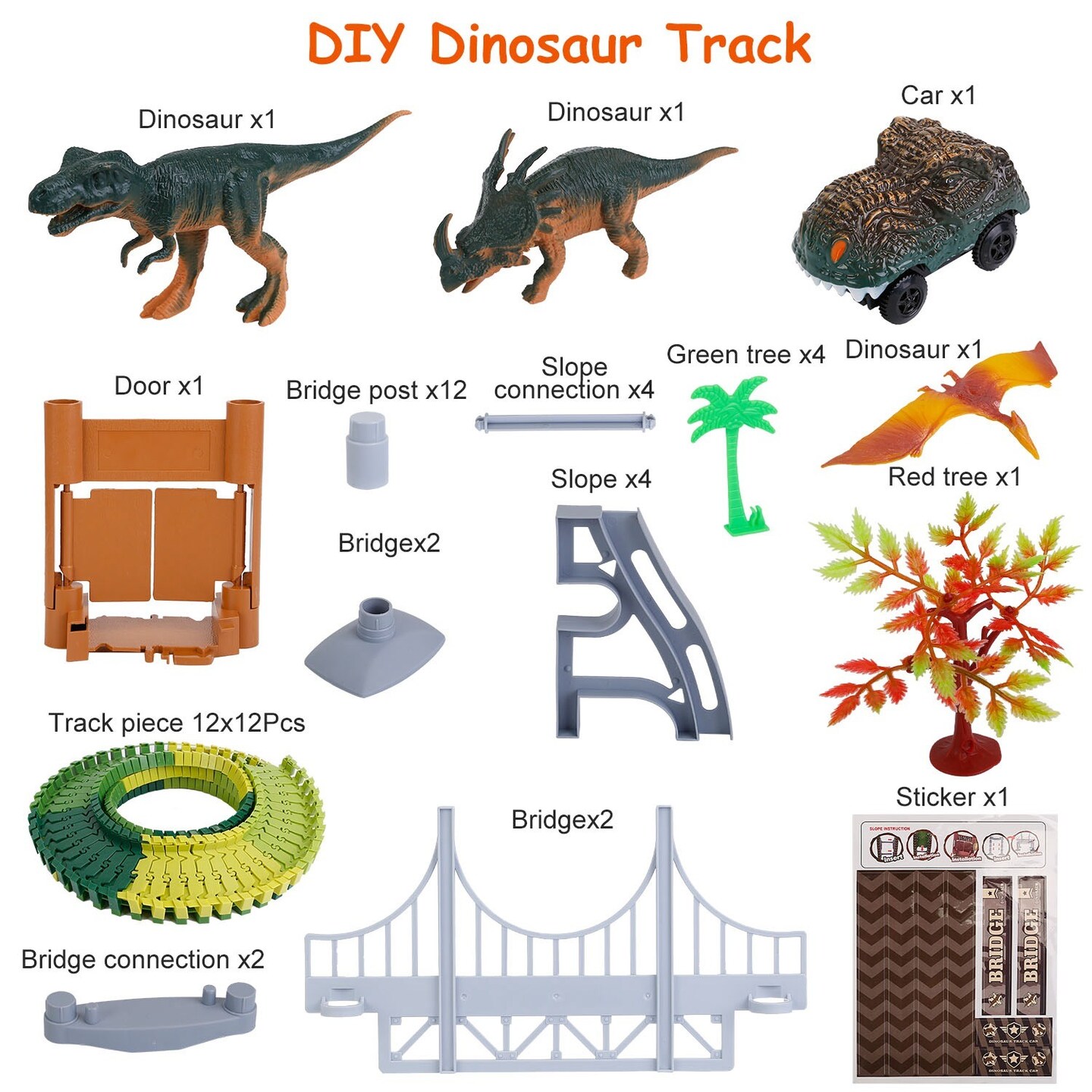 175Pcs Dinosaur Race Track DIY Set with 3 Dinosaurs and 1 Race Car