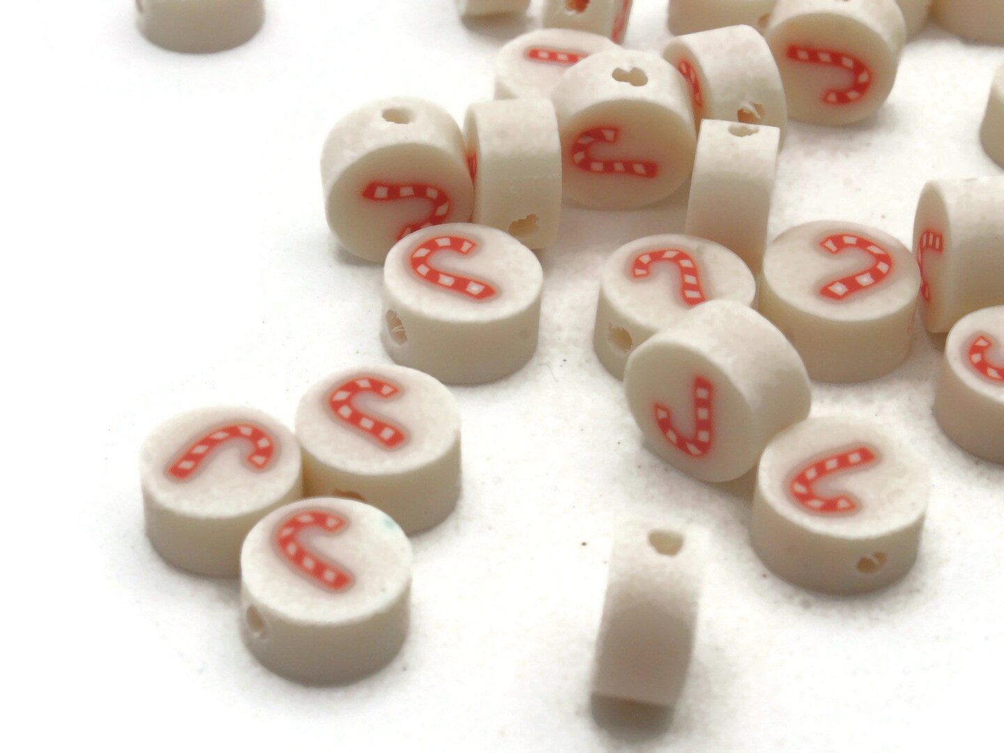 30 Candy Cane Polymer Clay White and Red Christmas Beads bD2