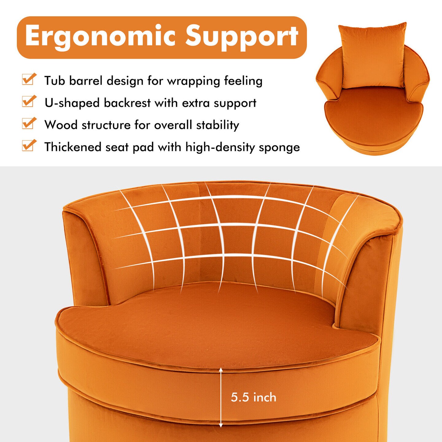 Modern 360&#xB0; Swivel Barrel Chair with No Assembly Needed-Orange