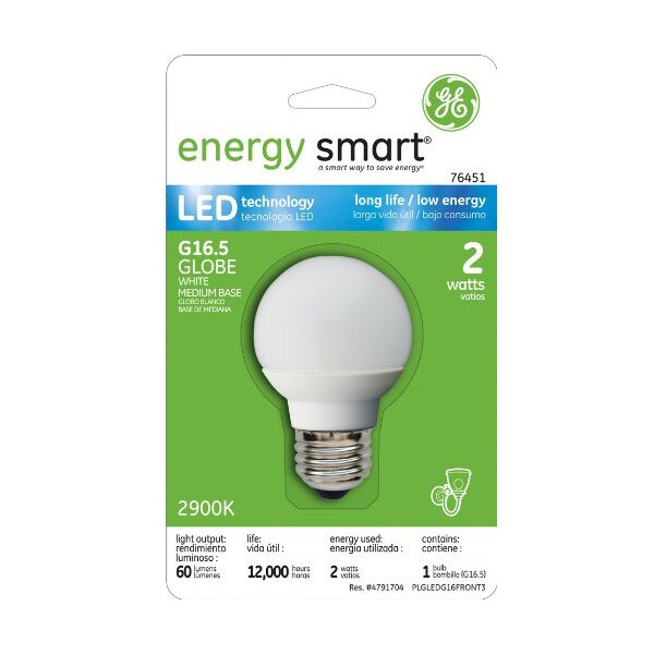Ge 2w White Globe LED G16.5 Medium Screw 2900K Light Bulb - DEMO UNIT