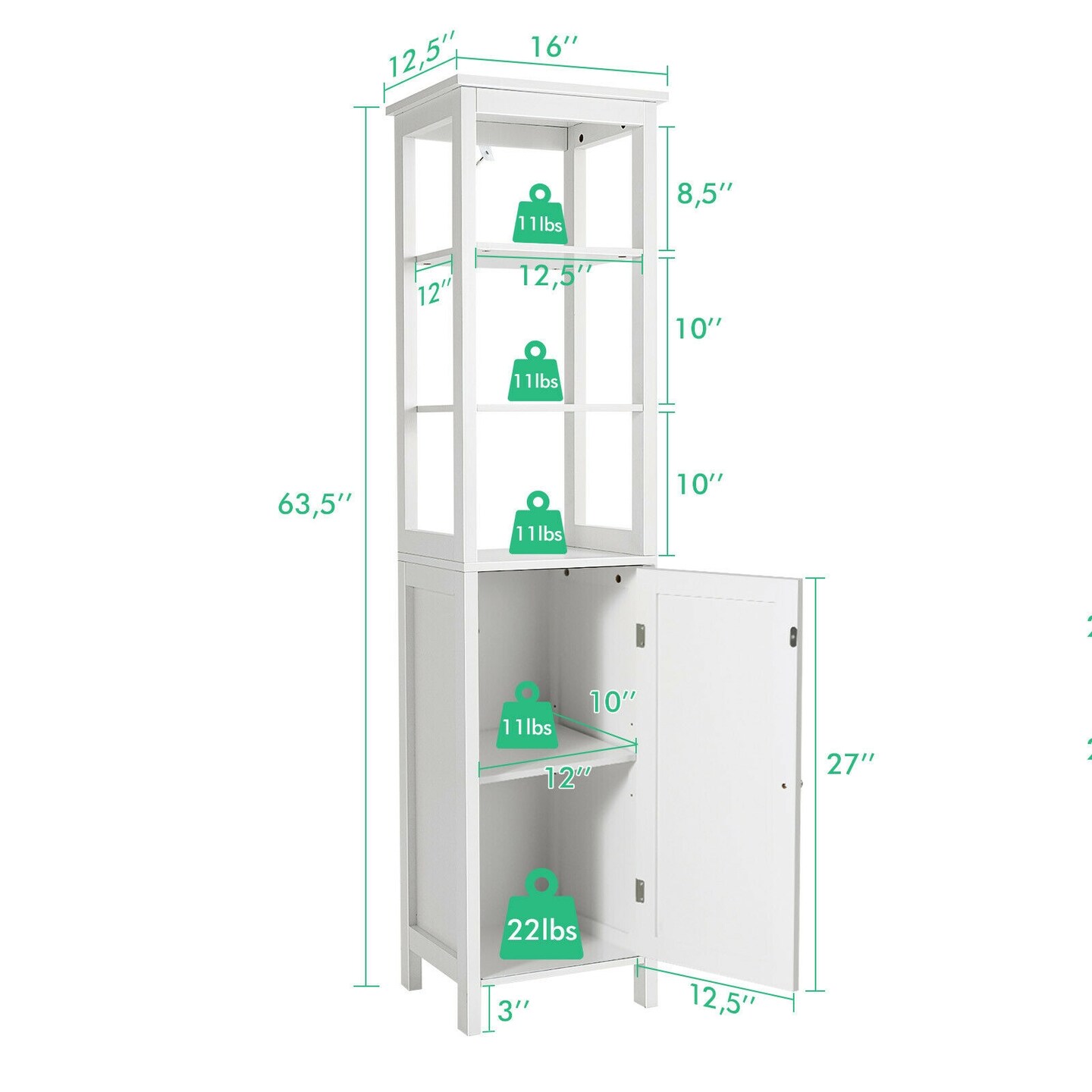 Freestanding Storage Cabinet With 3-Tier Shelf and Door for Bathroom-White