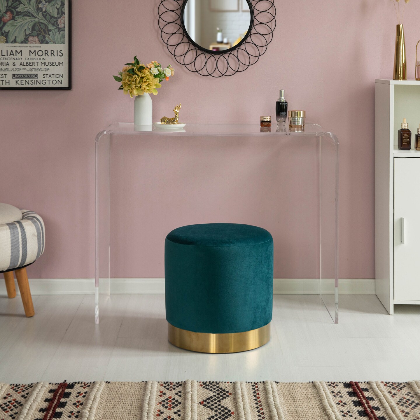 Modern Round Velvet Fabric Standard Ottoman Stool with Gold Base