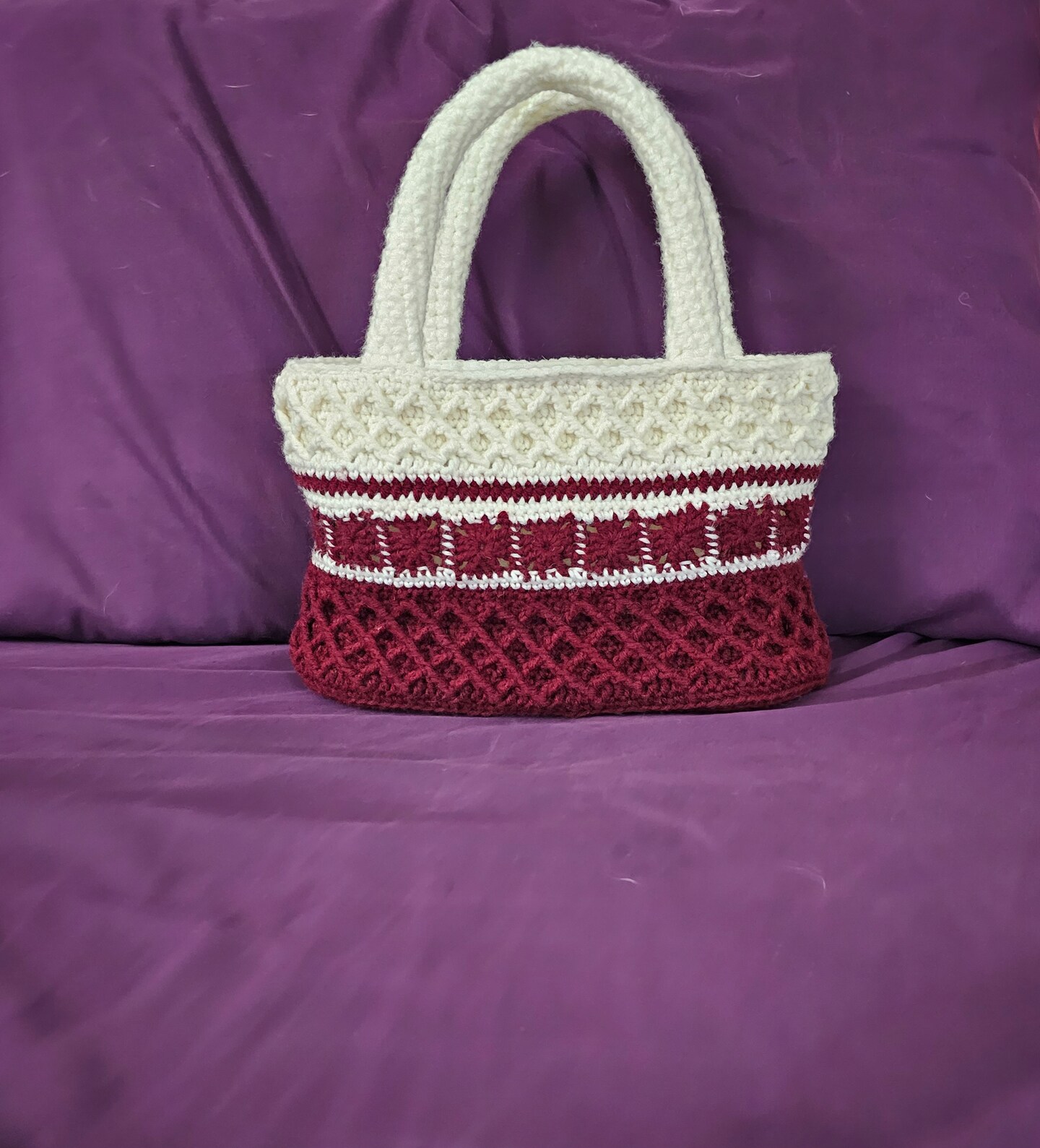 Crochet Purse Maroon and White Diamonds and Granny Square Handbag with Crochet Handles and