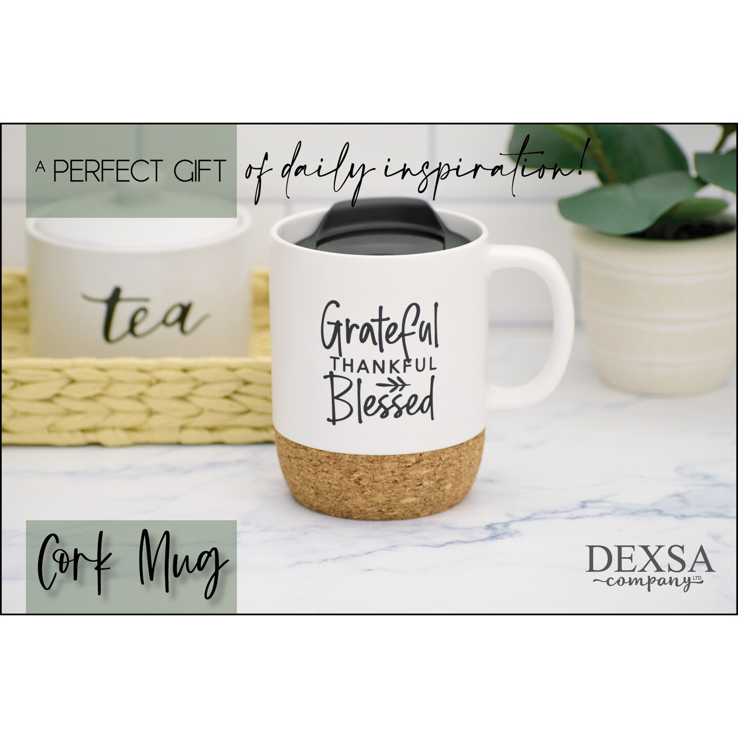 Dexsa Grateful Thankful Blessed Designer Cork Bottom Mug with Lid - 14 oz