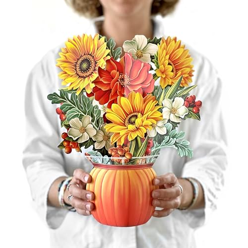Freshcut Paper Pop Up Cards, Pumpkin Harvest, 12 inch Life Sized Forever Flower Bouquet 3D Popup Thanksgiving, Autumn, Fall Greeting Cards with Note Card and Envelope - Harvest Party Decoration