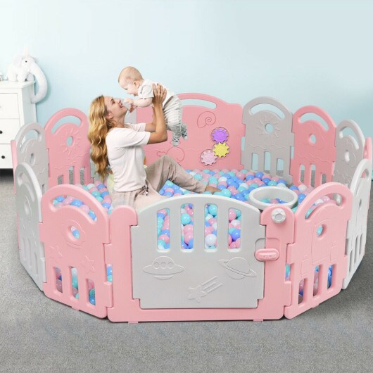 14-Panel Baby Playpen with Music Box &#x26; Basketball Hoop