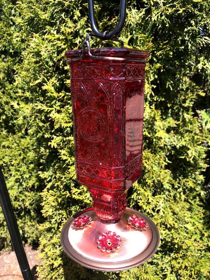 Hummingbird Feeder Vintage Inspired Red Glass SQUARE