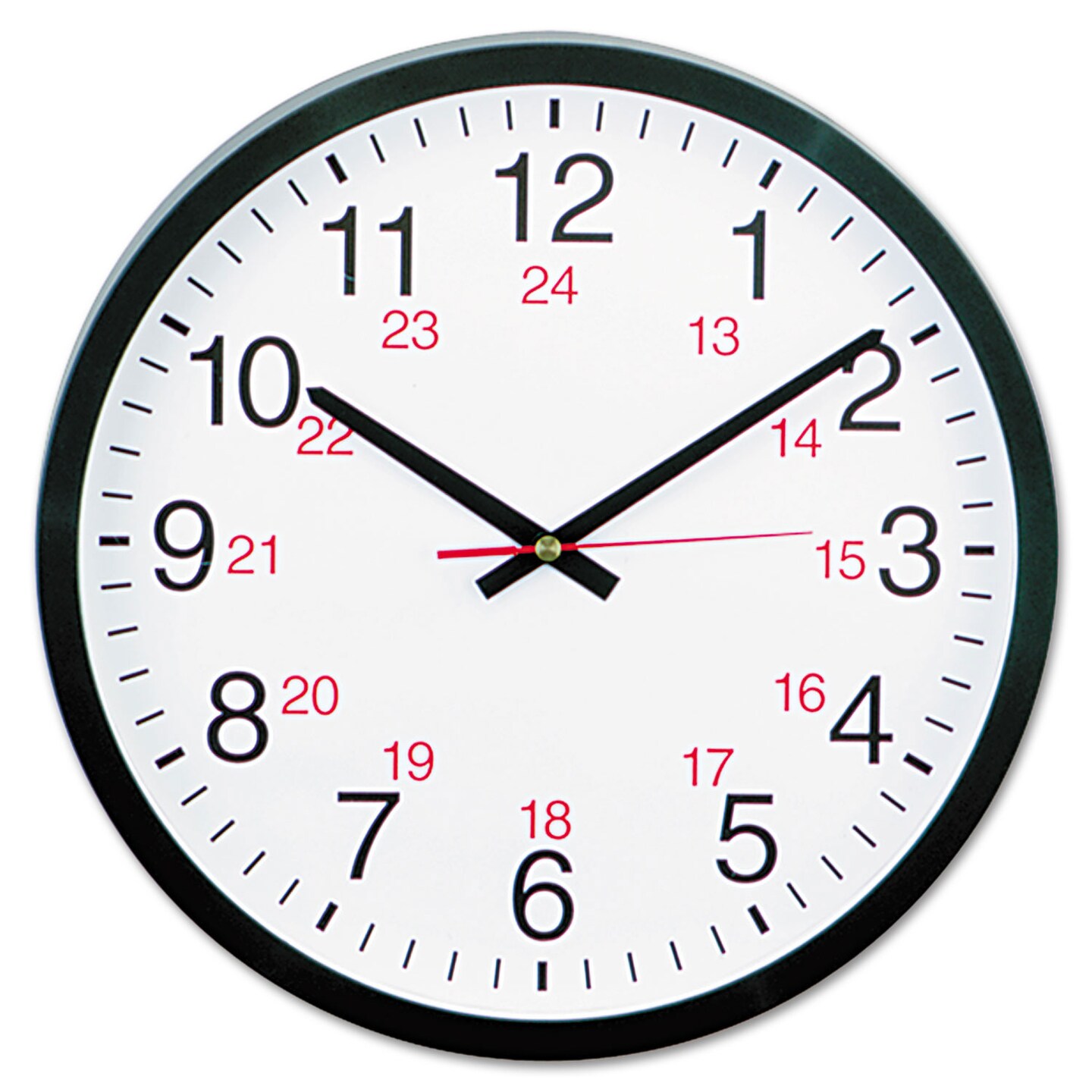 Universal 24-Hour Round Wall Clock, 12.63" Overall Diameter, Black Case, 1 AA (sold separately)