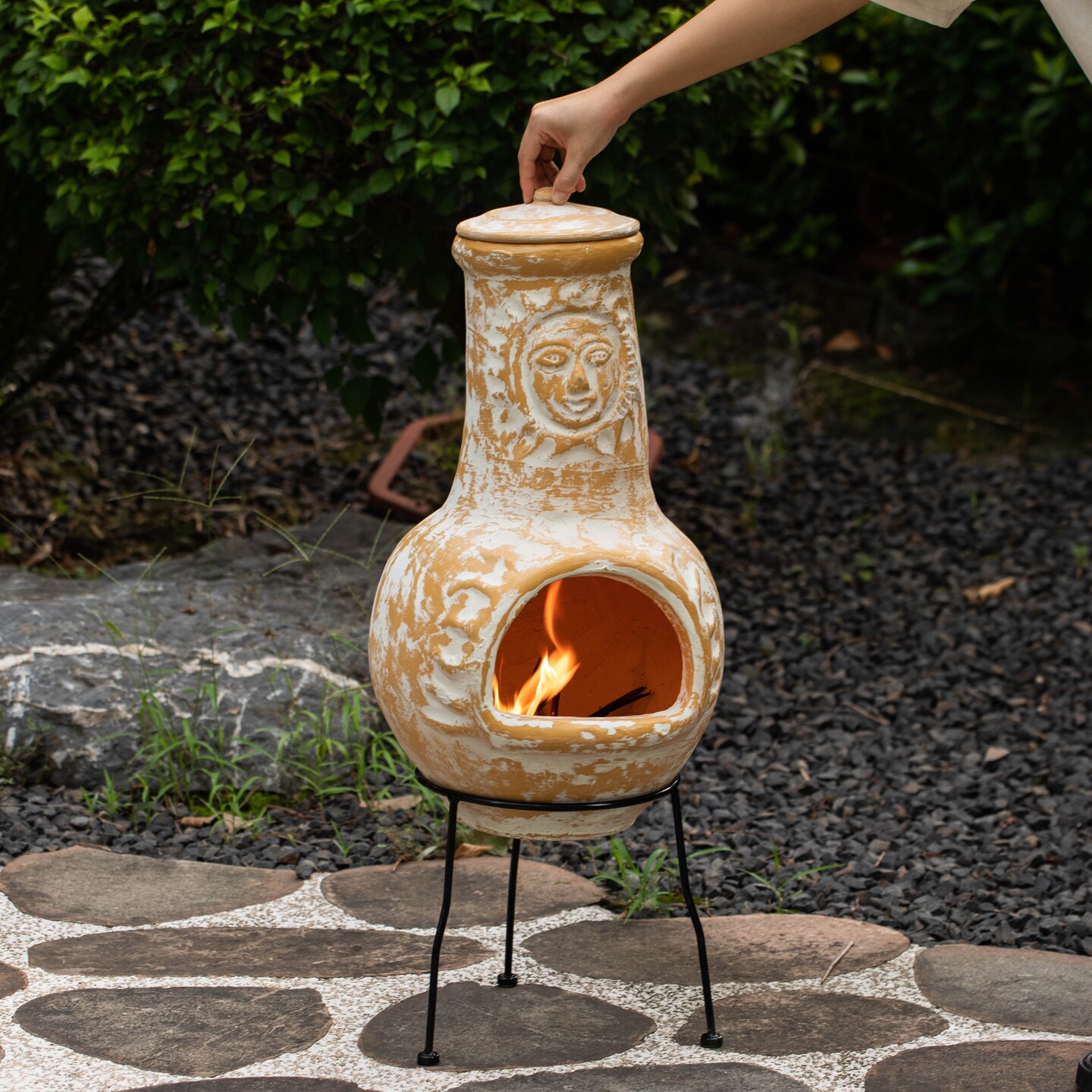 Outdoor Clay Chiminea Fireplace Sun Design Wood Burning Fire Pit with Sturdy Metal Stand, Barbecue, Cocktail Party, Cozy Nights Fire Pit
