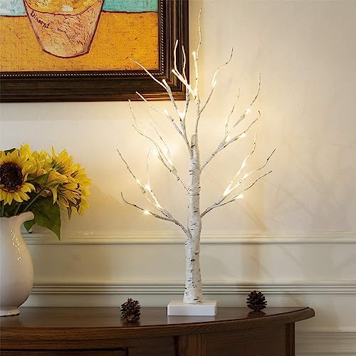 Tabletop Tree Christmas Decorations, Mini Birch Tree with Lights, 24 LED Lighted Money Tree White Twig Tree Battery Operated with Timer, Home Centerpiece, Indoor Decor(2FT/Warm White)