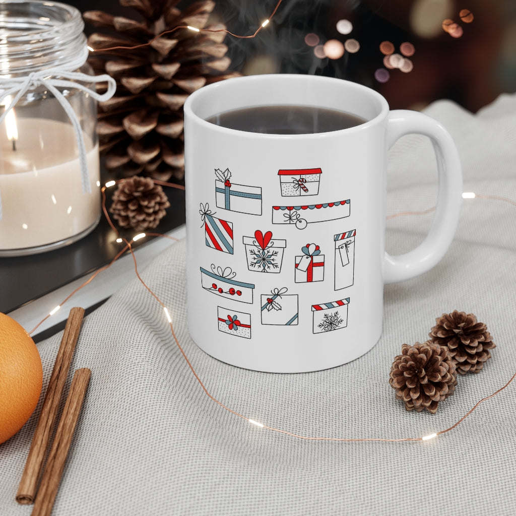 Merry Christmas Mug with Printed Stockings and Presents