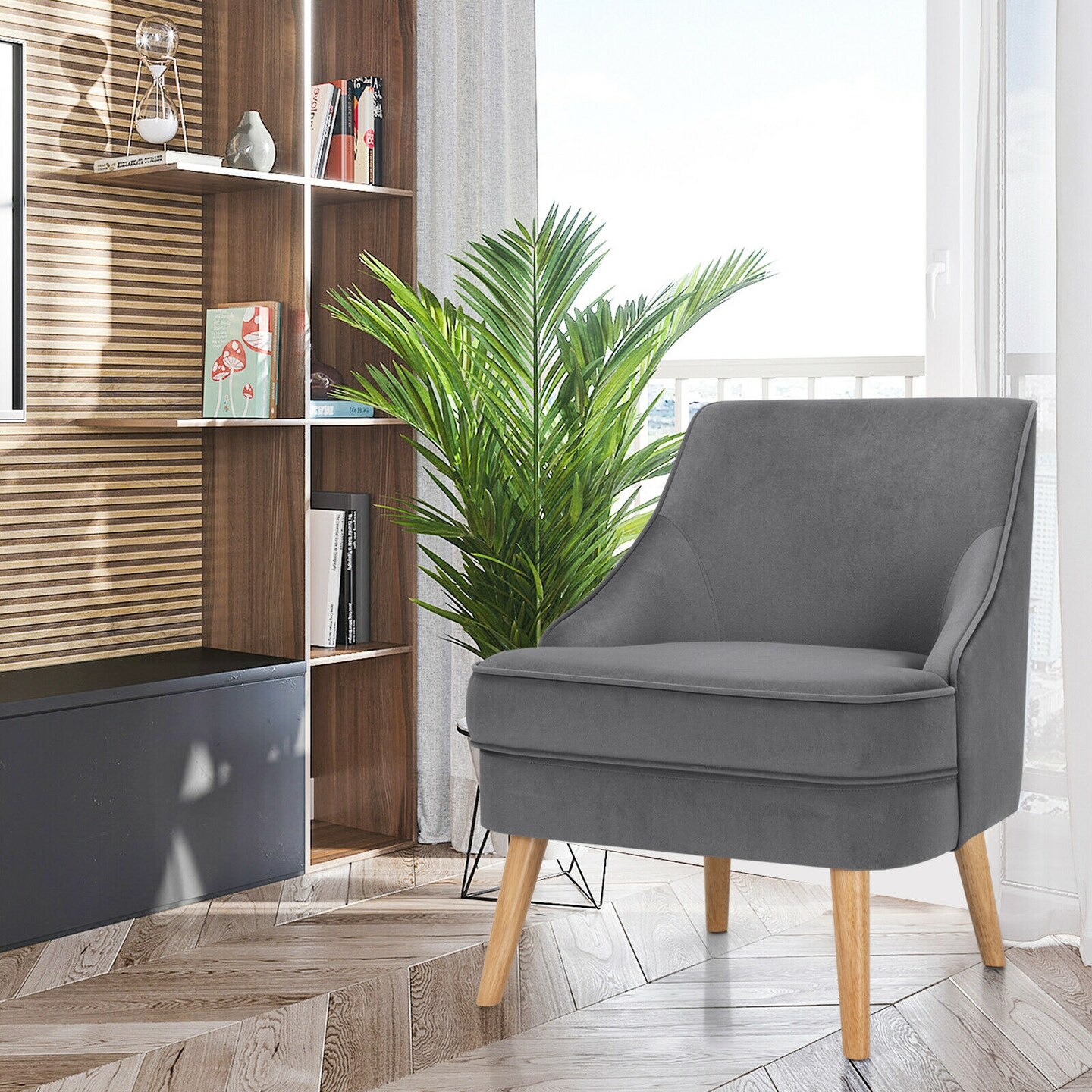 Soft and Comfortable Velvet Upholstered Accent Chair with Ergonomic Curved Backrest and Wooden Legs