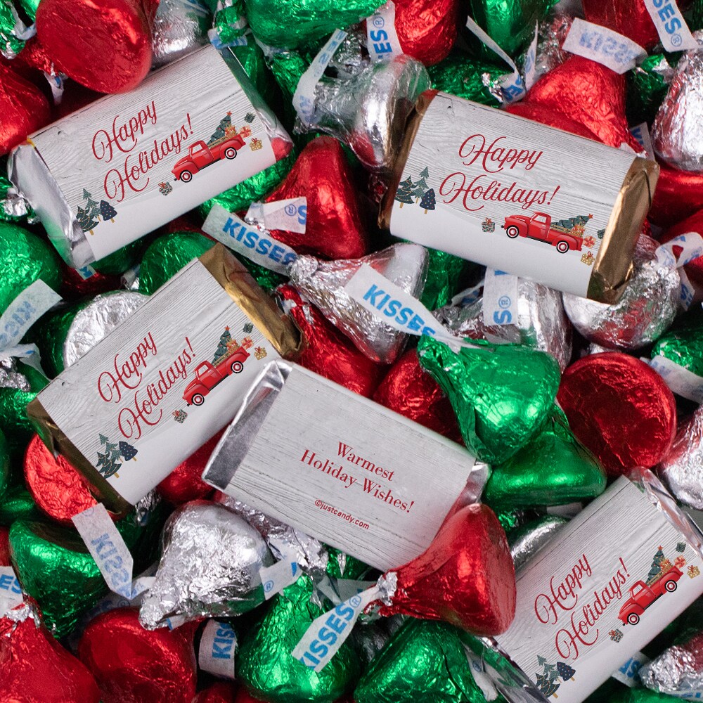 131 Pcs Christmas Candy Chocolate Party Favors Hershey&#x27;s Miniatures &#x26; Red, Green &#x26; Silver Kisses (1.65 lbs, Approx. 131 Pcs) - Vintage Red Truck