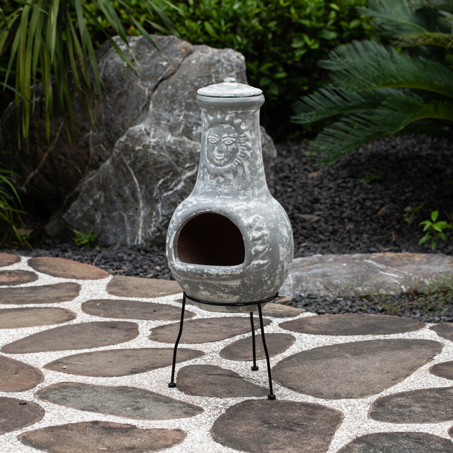 Outdoor Clay Chiminea Fireplace Sun Design Wood Burning Fire Pit with Sturdy Metal Stand, Barbecue, Cocktail Party, Cozy Nights Fire Pit