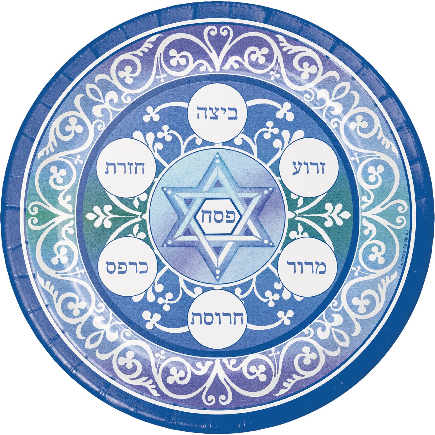 Party Central Pack of 96 Blue and White Hebrew Words Printed Plate 6.75&#x22;