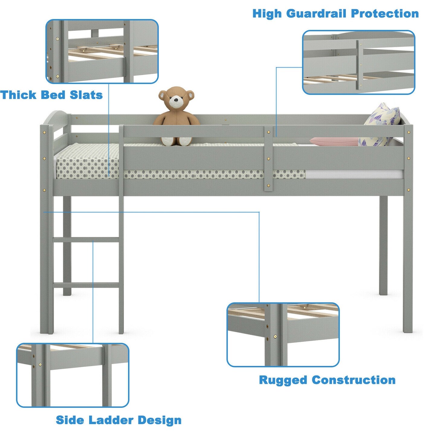 Wooden Twin Low Loft Bunk Bed with Guard Rail and Ladder