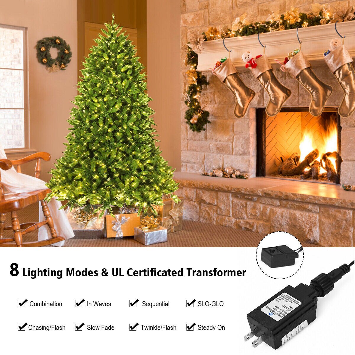 7.5 Feet Pre-lit PVC National Christmas Fir Tree with LED Light and Metal Stand