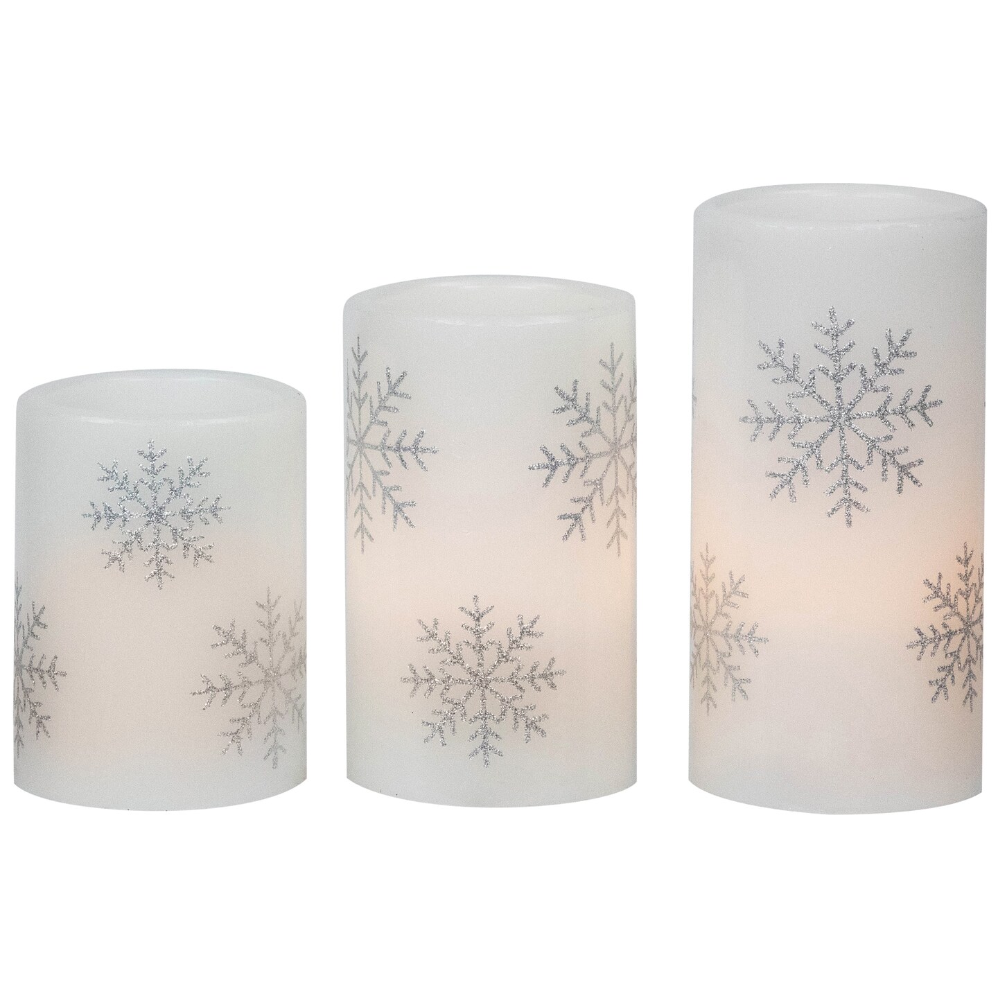 Northlight Set of 3 Flameless Silver Snowflakes Flickering LED Christmas Wax Pillar Candles 6&#x22;