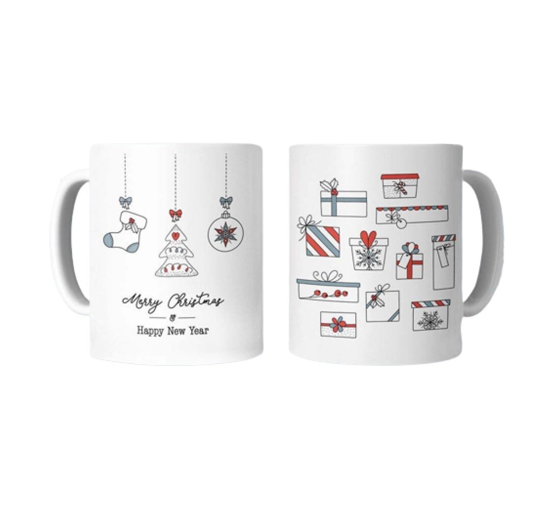 Merry Christmas Mug with Printed Stockings and Presents
