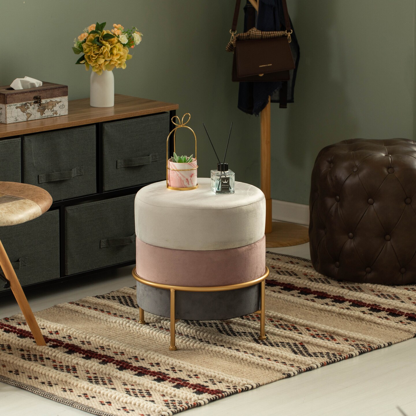 Round Velvet Ottoman Stool 16&#x201D; Tall Tricolor with Gold Metal Stand