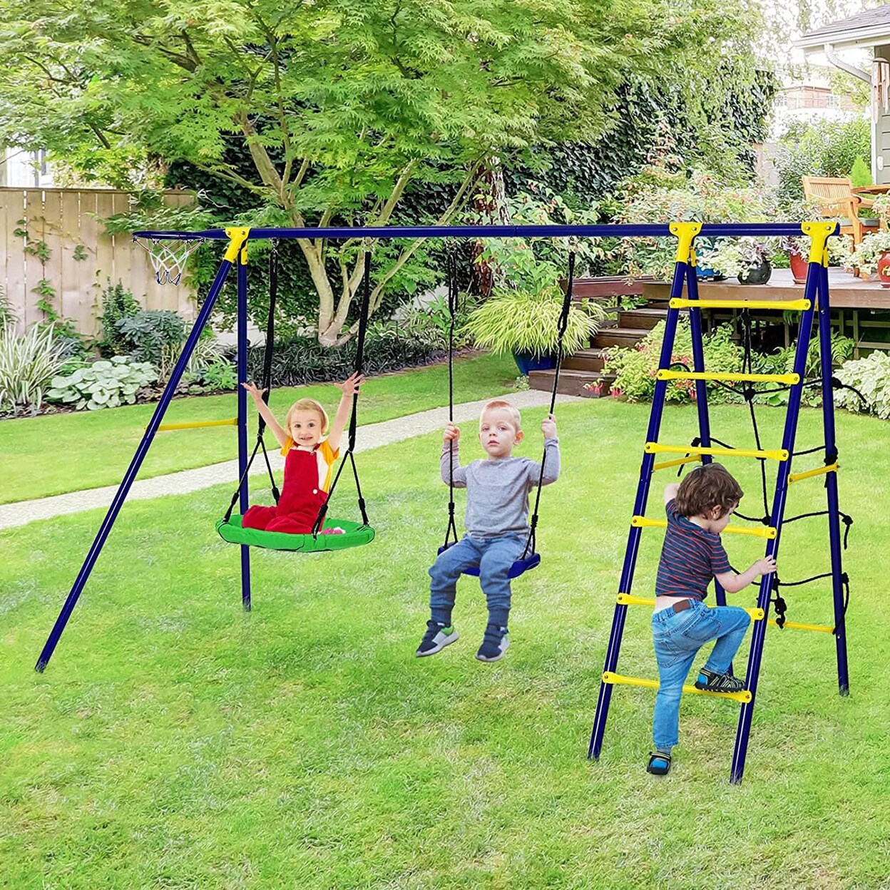 Gymax 5-In-1 Kids Swing Set for Outdoor W/ Heavy Duty Swing Frame Backyard
