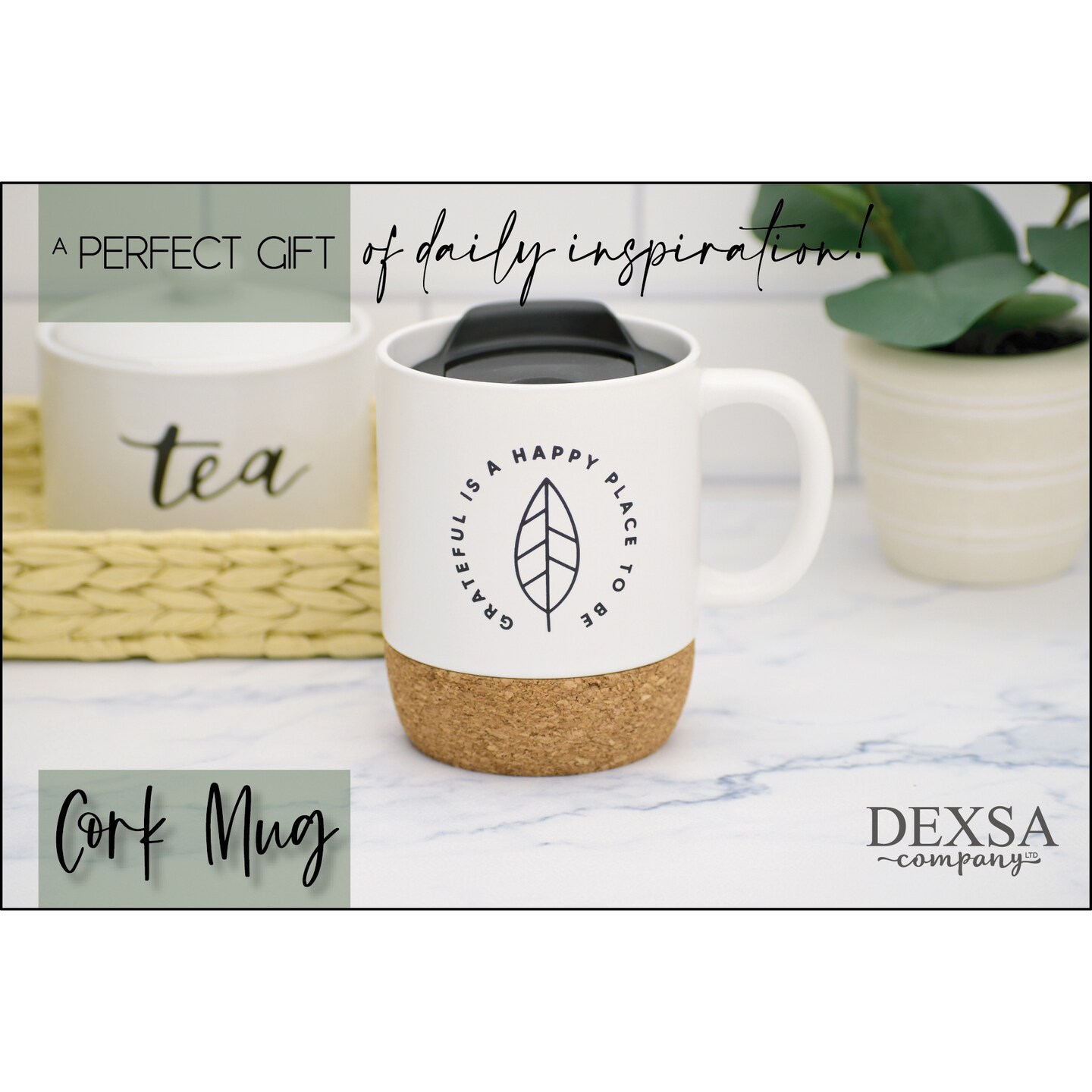 Dexsa Grateful Is A Happy Place Designer Cork Bottom Mug with Lid - 14 oz