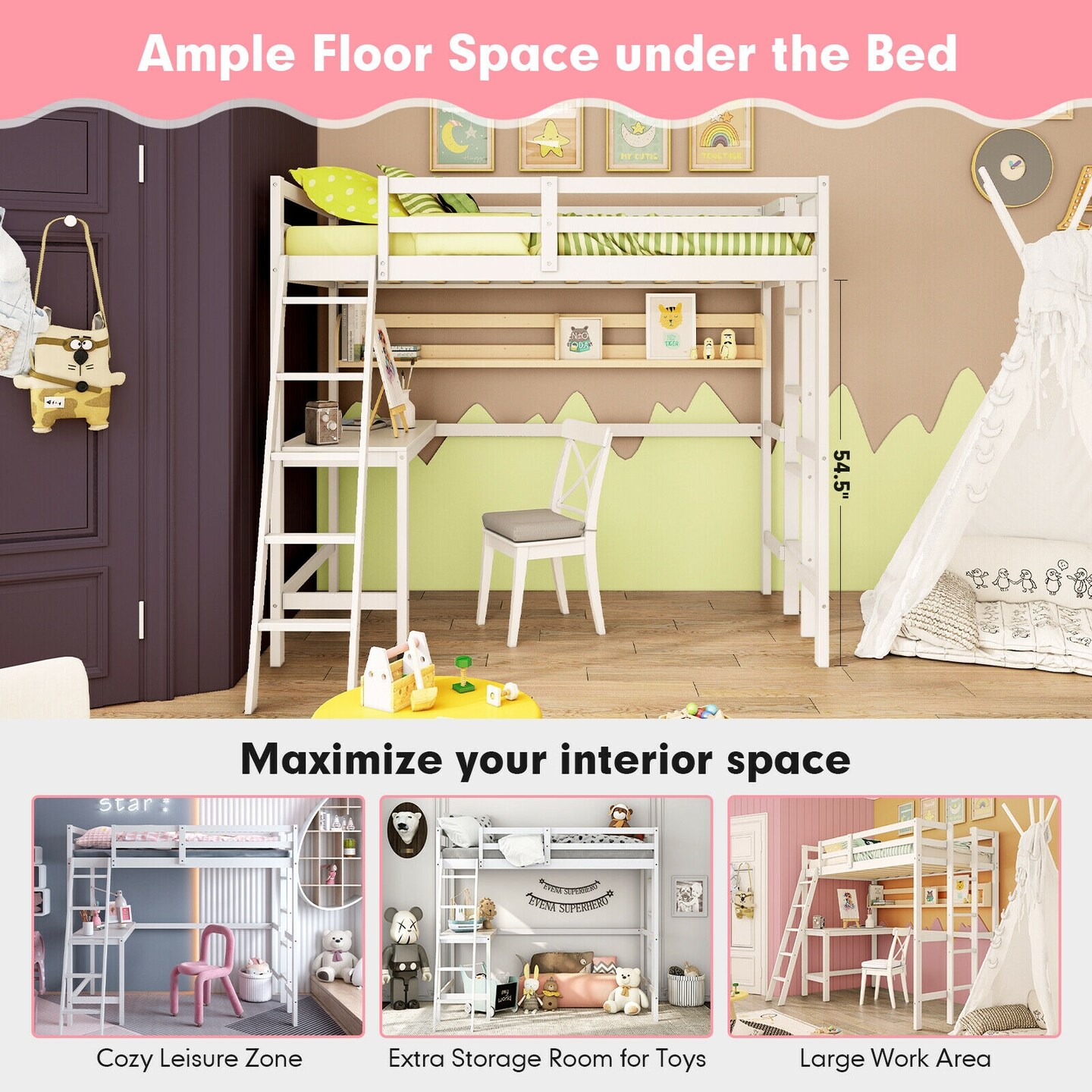 Twin Size Loft Bed Frame with Desk Angled and Built-in Ladder