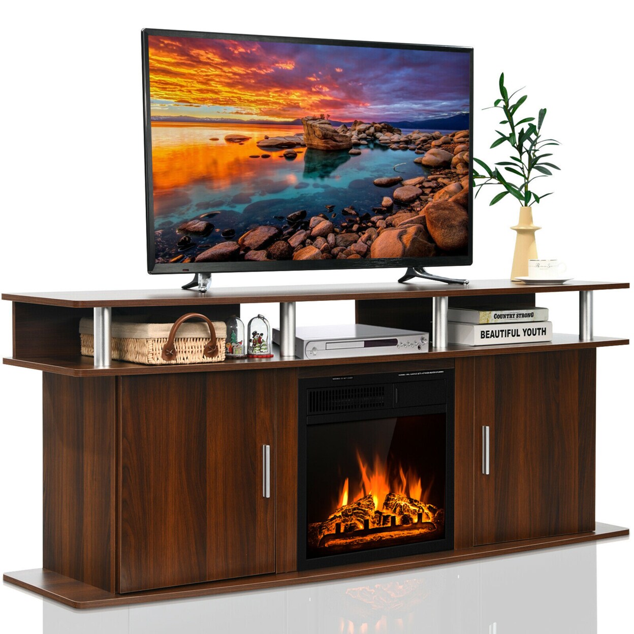 Walnut fireplace tv online stand