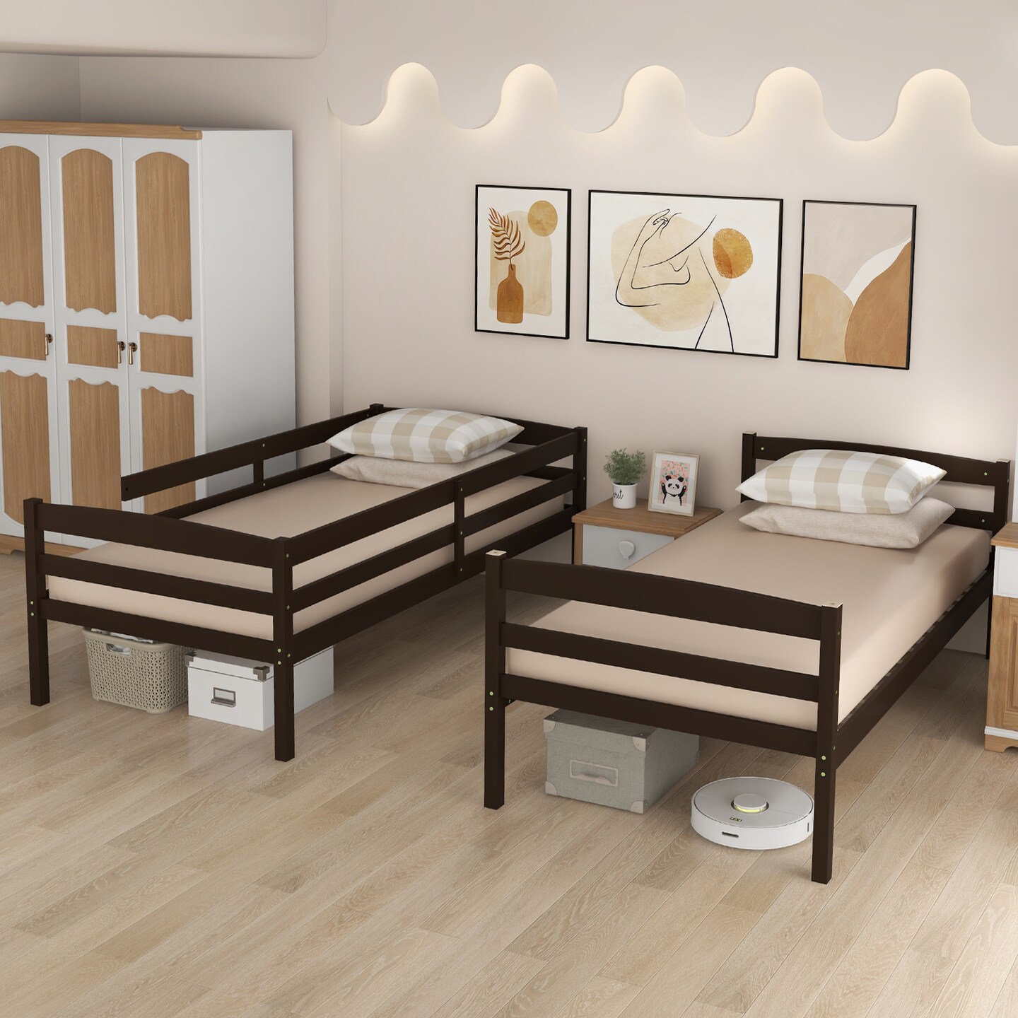 Twin Over Twin Bunk Bed, Solid Wood, Detachable and Safe Design