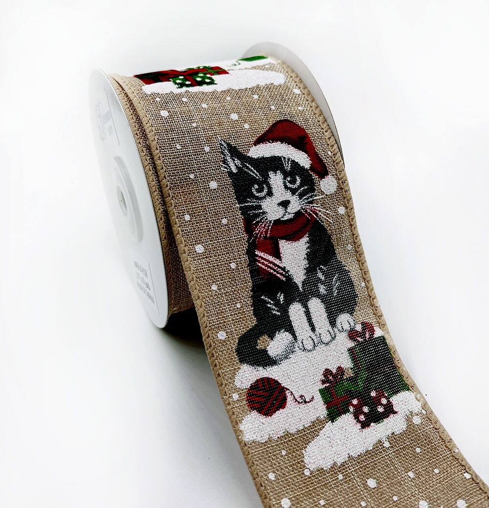 Designer&#x27;s Shop Holiday Grey Cat with Red hat wired ribbon, WR 63-5138, 2.5&#x22; x 10 yards