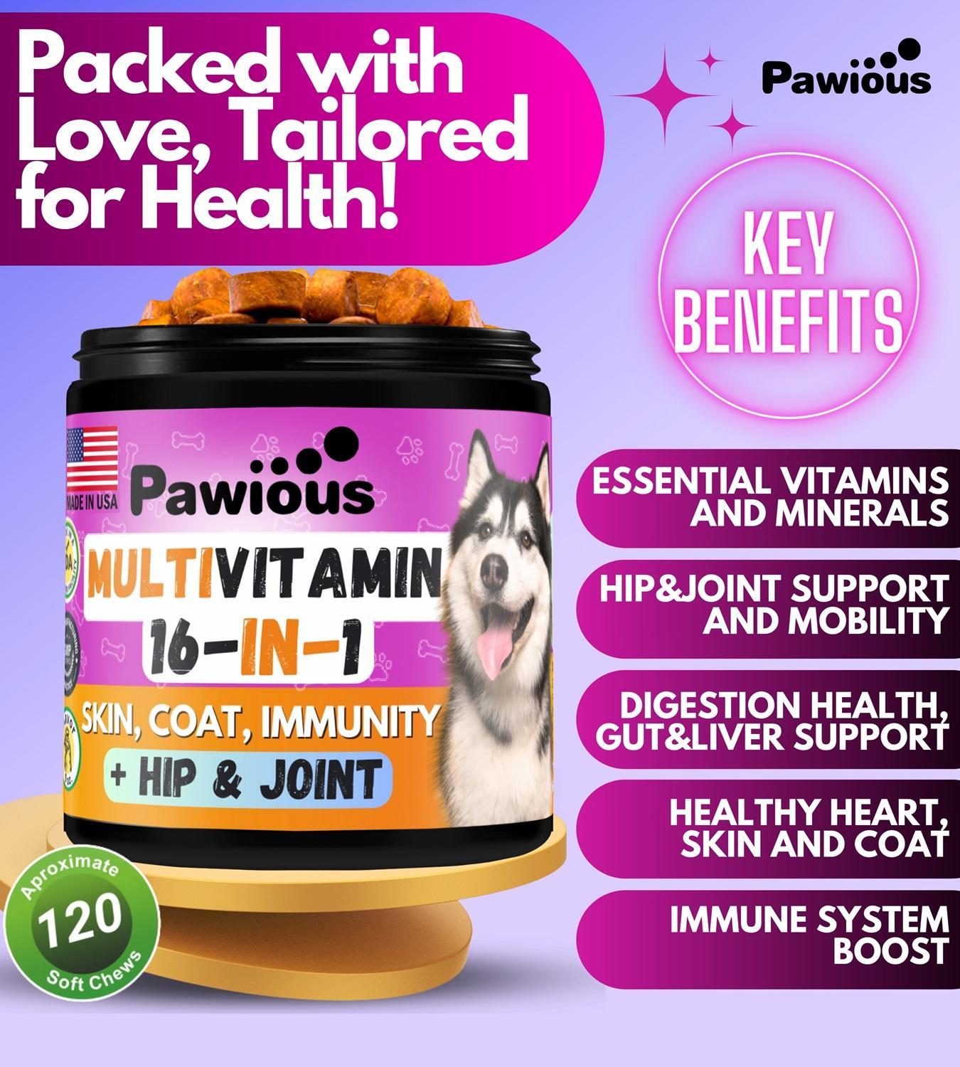 Dog Multivitamin Chewable with Glucosamine 16 in 1 Dog Vitamins and Supplements Senior & Puppy Multivitamin for Dogs Hip and Joint Support Health Immunity Mobility Gut, Skin, Heart, Coat