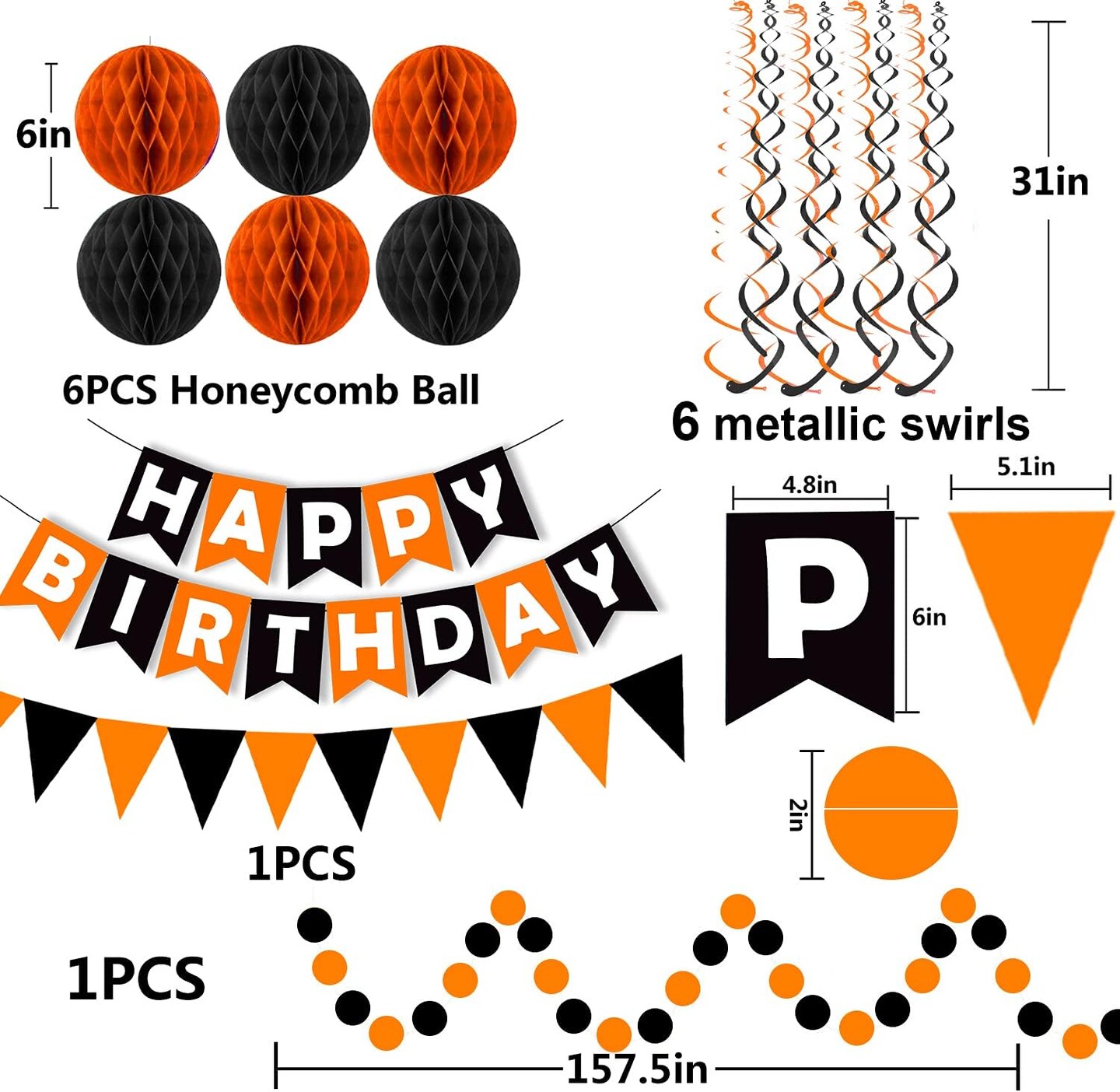 Black Orange Happy Birthday Banner Paper Triangle Flag Bunting Circle Confetti Dots Hanging Garland and Honeycomb Ball Swirl Streamers for Birthday Baby Shower Halloween Party Decoration