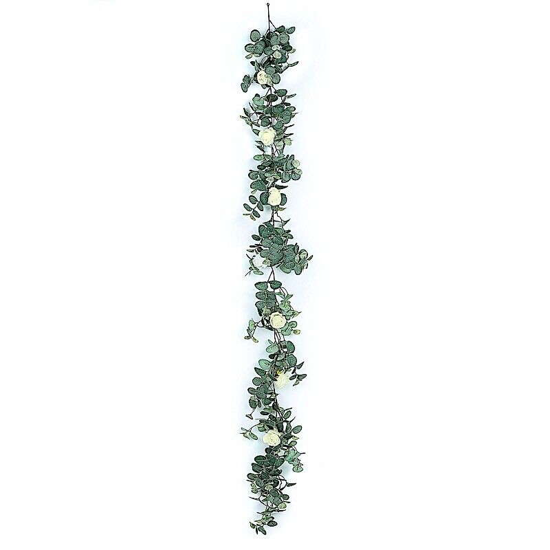 6 ft long Frosted Green Artificial Eucalyptus Leaves Ivory Roses Vine Garland