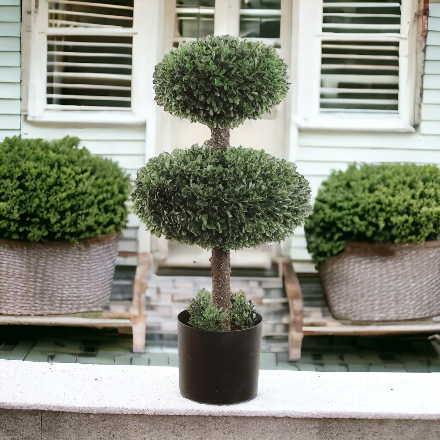 2.5ft Artificial Double Boxwood Topiary Tree - Lifelike Design, Potted in Black Planter, Ideal for Home, Office &#x26; Outdoor Decor - All-Season Use, Floral Home by Artificial Flowers