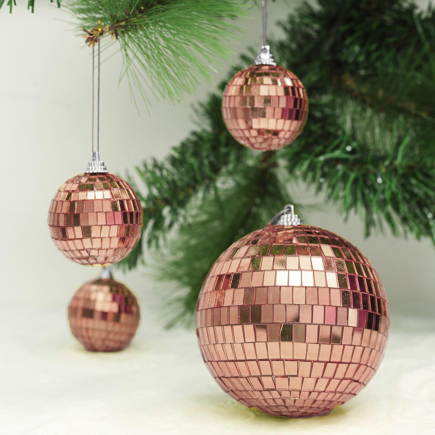 4 Rose Gold 4&#x22; wide Glass Mirror Disco Balls Ornaments