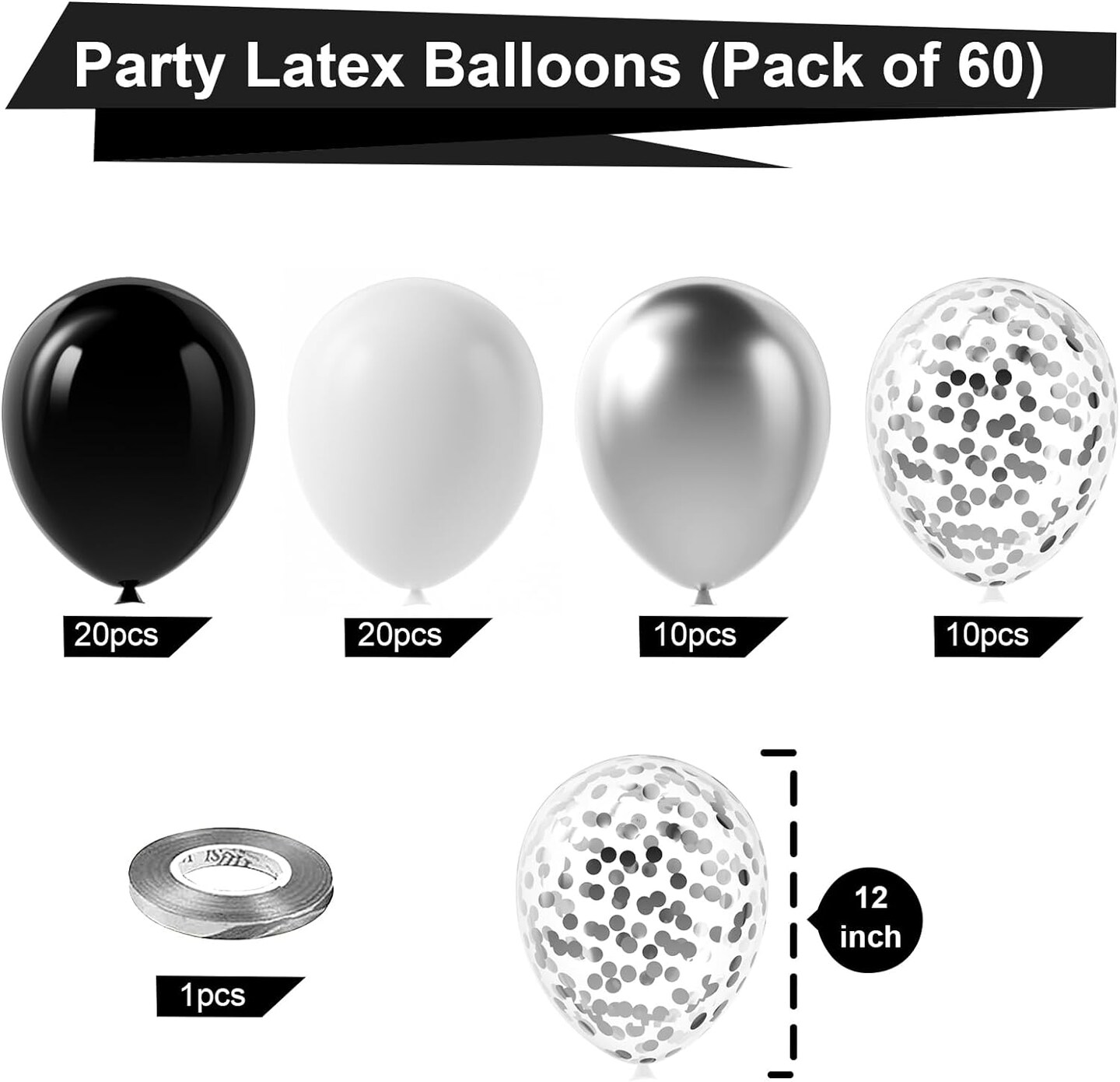 Black Silver Confetti Latex Balloons,60pcs 12 inch Black White Silver Metallic Chrome and Silver Confetti Balloons for Birthday, Baby Shower, Wedding, and Silver Theme Party Decoration