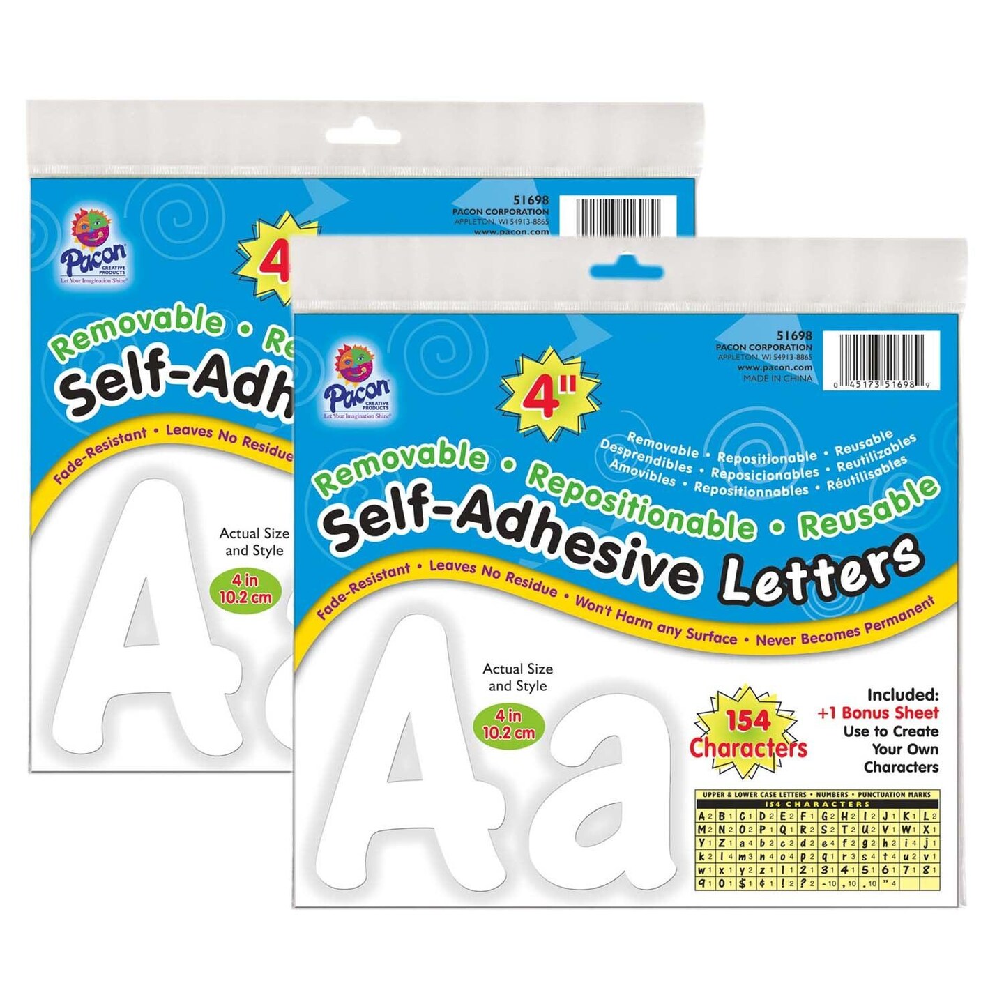 Self-Adhesive Letters, White, Cheery Font, 4&#x22;, 154 Per Pack, 2 Packs