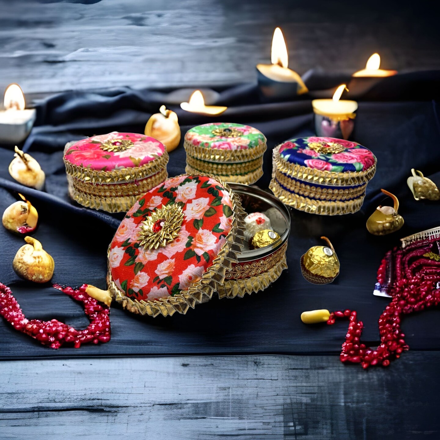 Decorative Gotta Steel Ladoo Box Designer Sweet Box Indian Wedding Housewarming Shagun Gift Festival Pooja Favor Return Gift for Friends Family Guest Bridesmaid