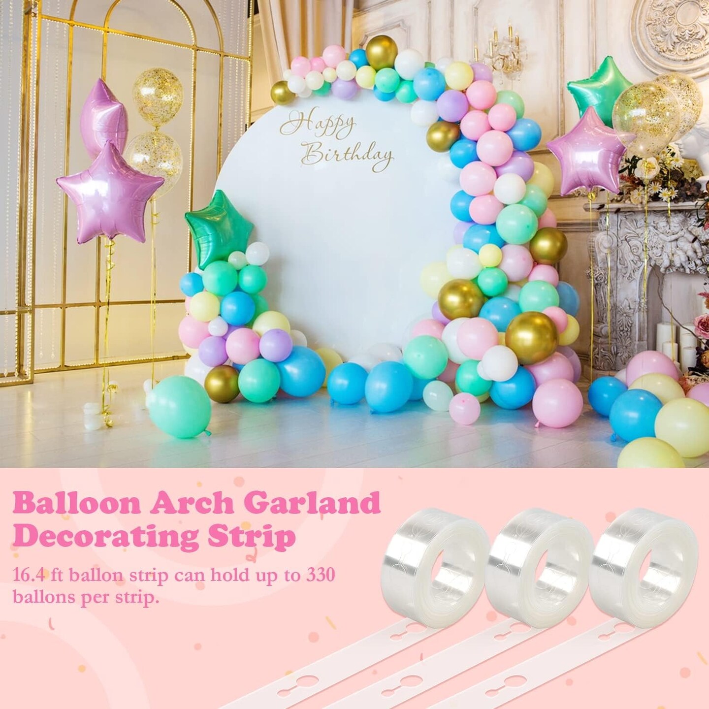 Balloon Arch Kit Balloon Garland Decorating Strip Kit, Balloon Tape Strips Double Hole with Dot Glue Point Stickers, Balloon Flower Clip, Balloon Tying Tool, Suitable for Party Birthday Wedding